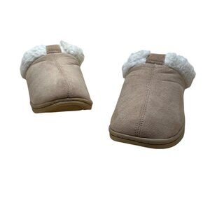Dearfoams Womens Tan Suede-Like Faux Fur Lining Slip-On Slippers Clogs Sz 10